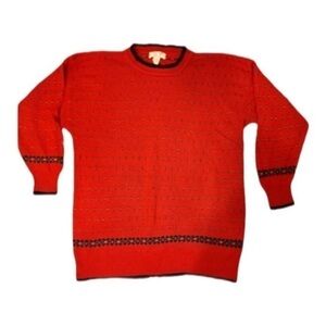 Vintage 90s Red Embellished Sweater – Size M | Retro Three-Quarter Sleeve Knit